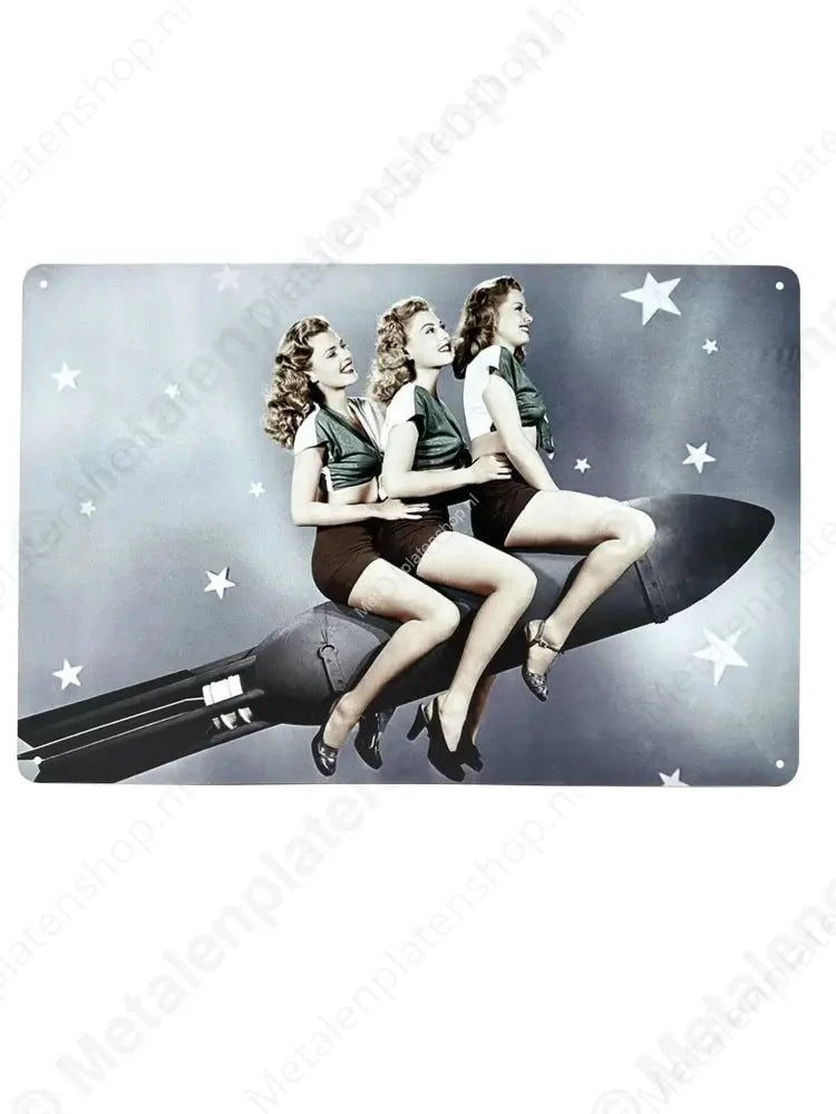 3 Vrouwen op Raket - Metalen Wandbord Metaalbord